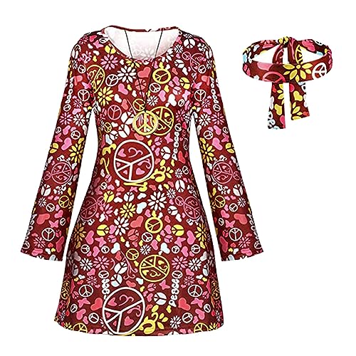 Fulidngzg 2 Piezas Disfraz Hippie Mujer Años 70, Vestido Hippie Diadema, Accesorios Hippie Disfraz retro de Carnaval Disco Mujer, Hippie Costume Set