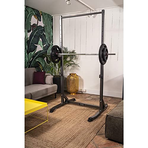 Fulmen Sport Jaula de sentadilla multifuncional, soporte de musculatura ajustable, carga máxima 200 kg, barra de tracción, adecuada para sentadillas, desarrollado-tumbado, levantamiento de pesas, gris