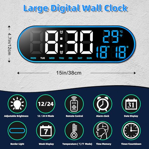 Fuloon Despertador Digital con Control Remoto, 14,5'' Reloj de Pared LED Digital, Reloj Despertador Digital Moderno con Cronómetro de Tiempo y Cuenta Regresiva,Brillo Ajustable,Hora,Fecha,Temperatura