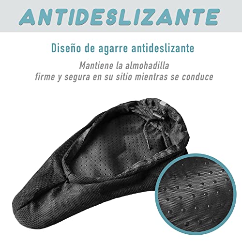 Funda de Gel Negra para Sillín de Bicicletas- Compatible con Cualquier Asiento de Bicicleta Estática o de Carretera. Luz Led Trasera para Bicicleta. Mejora tu Seguridad en Carretera.