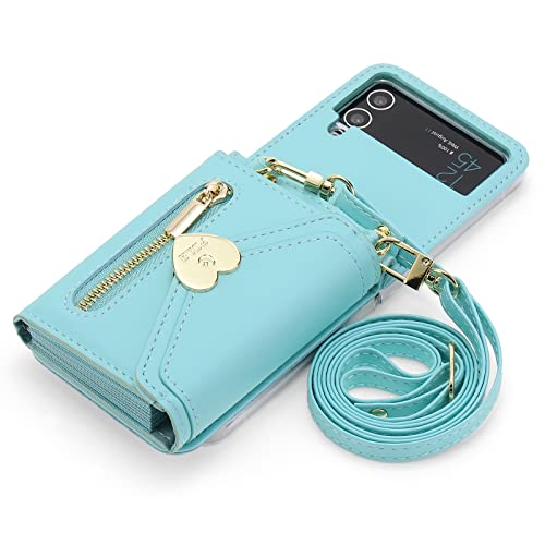 Funda tipo cartera para Samsung Galaxy Z Flip 4 5G con tarjetero de crédito para mujer, correa con cordón de soporte, cremallera de cuero (Z Flip 4, azul)