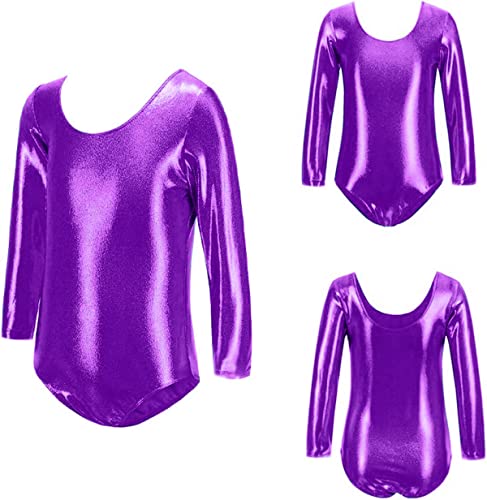 FUREINSTORE Maillot de Danza Ballet Gimnasia Leotardo Body Clásico Brillante Elástico para Niñas de Manga Larga Cuello Redondo para Bailarina (4 Años, Morado)