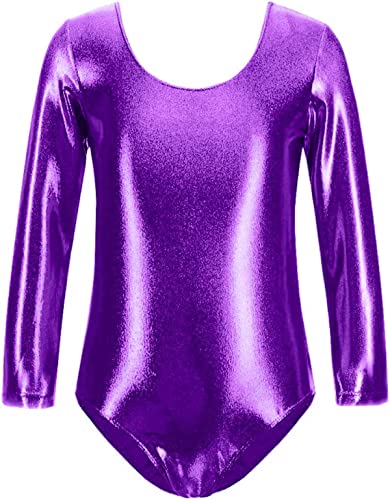 FUREINSTORE Maillot de Danza Ballet Gimnasia Leotardo Body Clásico Brillante Elástico para Niñas de Manga Larga Cuello Redondo para Bailarina (4 Años, Morado)