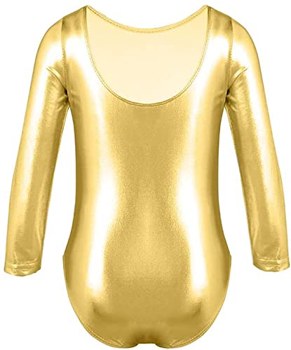 FUREINSTORE Maillot de Danza Ballet Gimnasia Leotardo Body Clásico Brillante Elástico para Niñas de Manga Larga Cuello Redondo para Bailarina (4 Años, Oro)