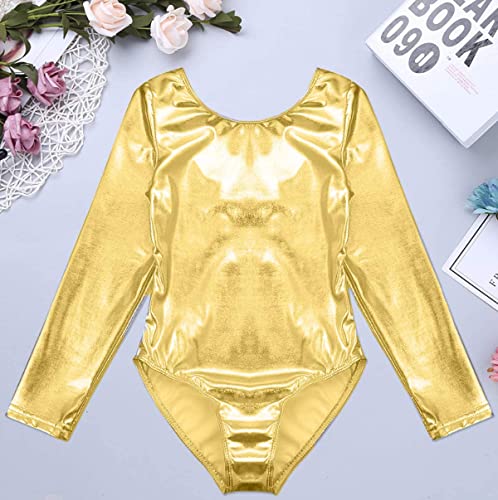 FUREINSTORE Maillot de Danza Ballet Gimnasia Leotardo Body Clásico Brillante Elástico para Niñas de Manga Larga Cuello Redondo para Bailarina (4 Años, Oro)