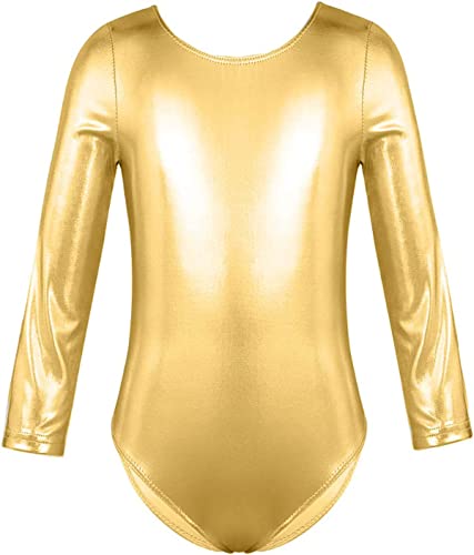 FUREINSTORE Maillot de Danza Ballet Gimnasia Leotardo Body Clásico Brillante Elástico para Niñas de Manga Larga Cuello Redondo para Bailarina (4 Años, Oro)