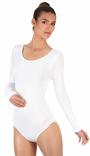 FUREINSTORE Maillot de Danza Ballet Gimnasia Leotardo Body Clásico Elástico para Mujer y Niña de Manga Larga Cuello Redondo (XL, Blanco)