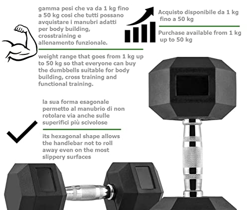 G5 HT SPORT Manillar hexagonal de goma profesional de 1 a 50 kg | Pesística gimnasio o Home Gym | Mango ergonómico antideslizante | Se vende individualmente (2 x 5 kg)