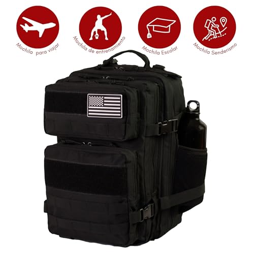 GABITO Mochila Militar. Mochila tactica 25L y 3 Parches, para Senderismo, Crossfit, Viaje, Gimnasio, Camping y Uso Diario. Impermeable, Robusta, Comoda y Ajustable, Multiples bolsillos.