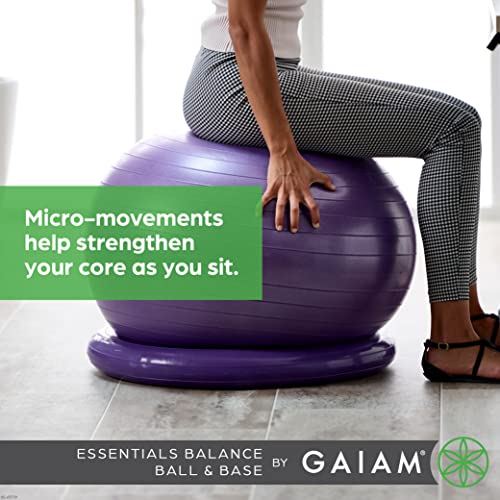 Gaiam Essentials - Kit de balón de equilibrio y base, silla de bola de yoga de 65 cm, pelota de ejercicio con base de anillo inflable para el hogar u oficina, incluye bomba de aire, color morado