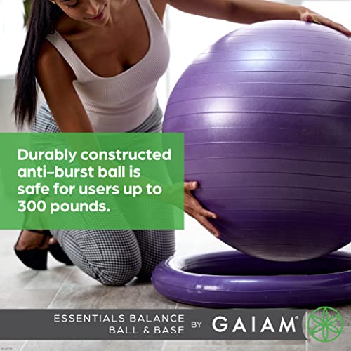 Gaiam Essentials - Kit de balón de equilibrio y base, silla de bola de yoga de 65 cm, pelota de ejercicio con base de anillo inflable para el hogar u oficina, incluye bomba de aire, color morado