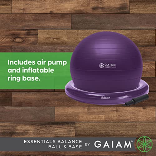 Gaiam Essentials - Kit de balón de equilibrio y base, silla de bola de yoga de 65 cm, pelota de ejercicio con base de anillo inflable para el hogar u oficina, incluye bomba de aire, color morado