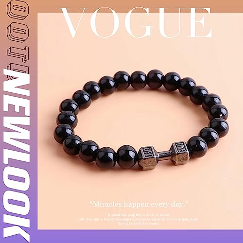 GAUEIOUR Pulsera de mancuerna negra, pulsera elástica de lava volcánica de cuentas de piedra natural, joyería de acero inoxidable para hombres y mujeres de fitness, yoga, hombres y mujeres