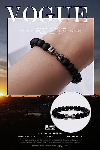 GAUEIOUR Pulsera de mancuerna negra, pulsera elástica de lava volcánica de cuentas de piedra natural, joyería de acero inoxidable para hombres y mujeres de fitness, yoga, hombres y mujeres