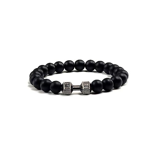 GAUEIOUR Pulsera de mancuerna negra, pulsera elástica de lava volcánica de cuentas de piedra natural, joyería de acero inoxidable para hombres y mujeres de fitness, yoga, hombres y mujeres