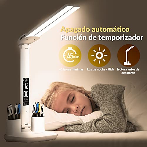 Genérico Lámpara LED para escritorio con termometro, reloj digital y 2 brazos iluminadores, Flexo led blanco, Flexo led para estudiantes de 3 temperaturas, Lámpara para escritorio con 3 temperaturas