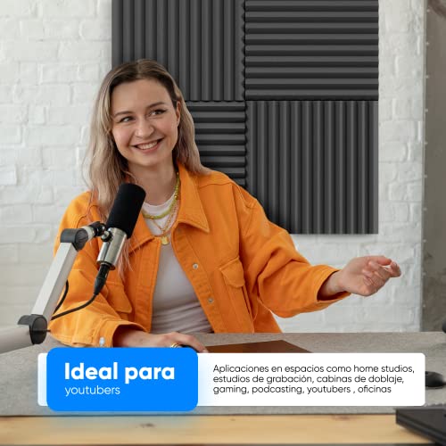 GETOREX Espuma Acústica Pack 12 Paneles de 30x30x5cm + Auto-Adesivo Incluido/Ignifugo, Valido para Insonorizacion Acustica Pared para Estudio, Podcasting, Estudios Grabación, Oficinas (NEGRO)