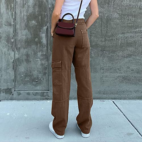 Ghemdilmn Pantalones vaqueros para mujer, pantalones vaqueros anchos, pantalones cargo rectos Demin, pantalones casuales con bolsillo, pantalones vaqueros para hombre Jack, marrón, M