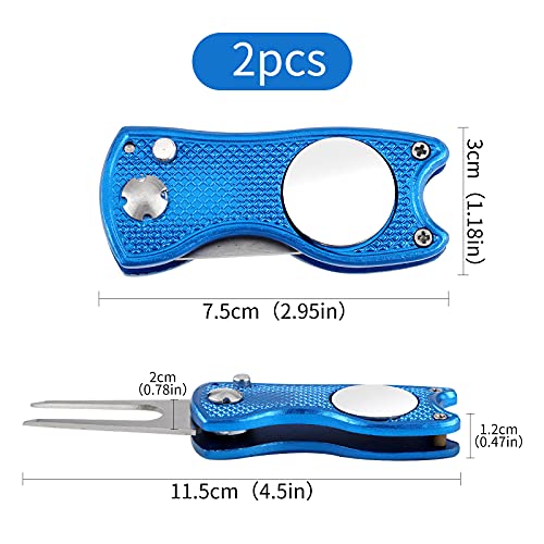 GLAITC Golf Divot Tool 2Pcs Arreglapiques Golf Herramienta de Reparación de Divot de Golf Tenedor de Campo de Golf con Botón Emergente y Marcador Bola Magnética para Golfistas Accesorios (Azul)