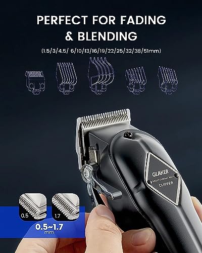 GLAKER Maquina de Cortar Pelo Hombre, Cortapelos Hombre Profesional Inalámbrico Cortadora de Pelo con Palanca Taper Ajustabl y 15 Peines Guía Para la Máquina de Cortar,Pantalla LED