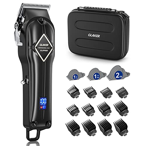 GLAKER Maquina de Cortar Pelo Hombre, Cortapelos Hombre Profesional Inalámbrico Cortadora de Pelo con Palanca Taper Ajustabl y 15 Peines Guía Para la Máquina de Cortar,Pantalla LED