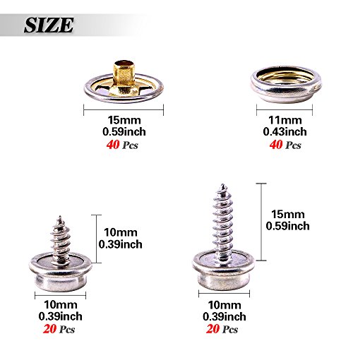Glarks Kit de cierre de botón a presión de lona y tapicería de acero inoxidable de grado marino de 120 piezas con herramienta de ajuste de 2 piezas (40 juegos), color plateado