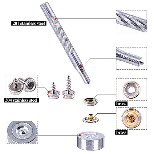 Glarks Kit de cierre de botón a presión de lona y tapicería de acero inoxidable de grado marino de 120 piezas con herramienta de ajuste de 2 piezas (40 juegos), color plateado