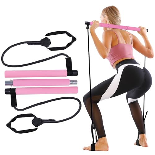 GLKEBY Kit de barra de pilates con resistencia ajustable y palo de ejercicio portátil para pilates, adecuado para estiramiento, yoga, modelado, entrenamiento, abdominales y pérdida de peso, color rosa