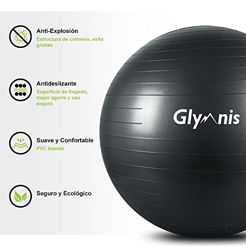 Glymnis Pelota de Pilates Pelota Anti-Burst para Pilates Gimnasia Fitness Embarazo Yoga Embarazo 55cm 65cm 75cm con Hinchador Negro (55cm)