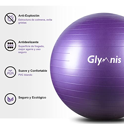 Glymnis Pelota de Pilates Pelota Anti-Burst para Pilates Gimnasia Fitness Equilibrio Yoga Embarazo 55cm 65cm 75cm con Hinchador Púrpura (55cm)