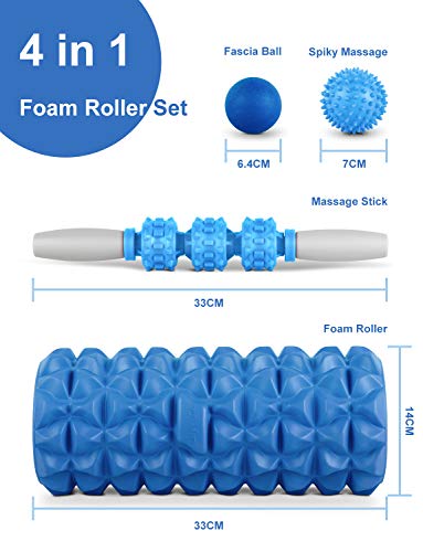 Glymnis Rodillo Masaje Muscular Foam Roller Masajes Muscular 4 en 1 con 1 Rodillo de Espuma 1 Palo de Masaje y 2 Bolas de Masaje para Relajar los músculos Reducir el Dolor del Cuerpo Azul