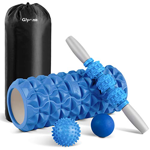 Glymnis Rodillo Masaje Muscular Foam Roller Masajes Muscular 4 en 1 con 1 Rodillo de Espuma 1 Palo de Masaje y 2 Bolas de Masaje para Relajar los músculos Reducir el Dolor del Cuerpo Azul