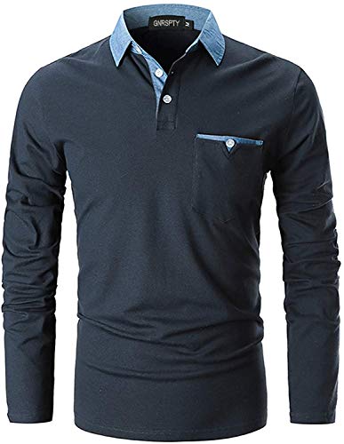 GNRSPTY Polo Hombre Manga Larga Denim Cuello Camisetas Algodón Camisas T-Shirt Golf Tennis Otoño Invierno Oficina,Azul Marino,XXL