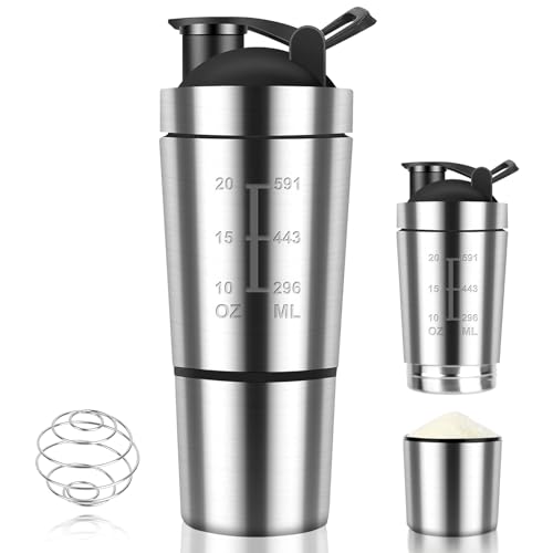 Golgner Coctelera de proteínas de acero inoxidable, para fitness, 600 ml, con taza de 200 ml, sin BPA con escala, doble pared, para proteínas, dieta y batido de fitness (plata)