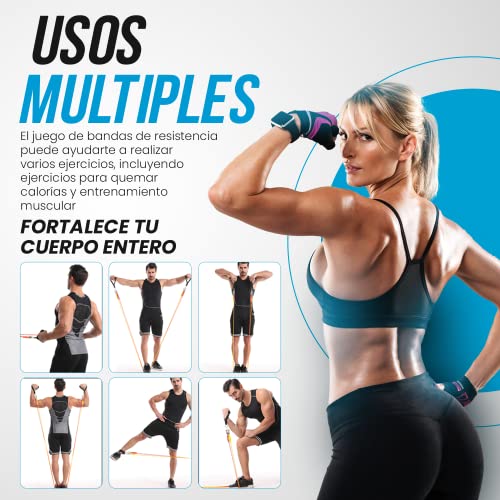 Gomas elasticas musculación Kit 150 lbs Bandas elasticas para Yoga calistenia Gym Crossfit TRX Pilates Gimnasia en casa - Cintas elasticas musculacion con Tobilleras y Agarre para Puerta