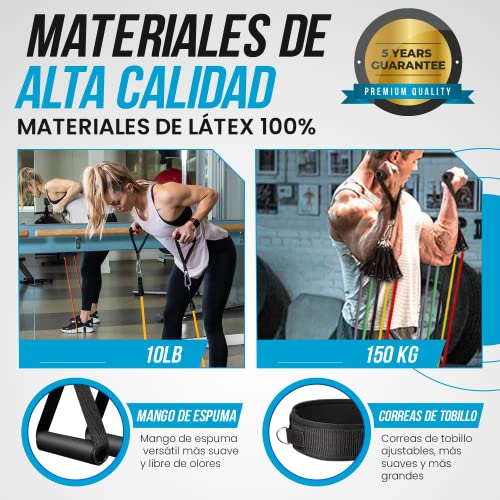 Gomas elasticas musculación Kit 150 lbs Bandas elasticas para Yoga calistenia Gym Crossfit TRX Pilates Gimnasia en casa - Cintas elasticas musculacion con Tobilleras y Agarre para Puerta