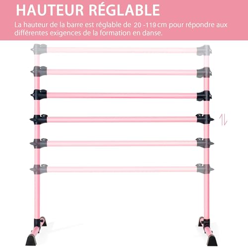 GOPLUS Barra de Ballet Clásica Doble de Altura Ajustable 7-112 cm y Extraíble, para Ballet, Gimnasia, Streching, Carga Máxima 50 kg, 123 x 71 x 119 cm (Rosa)