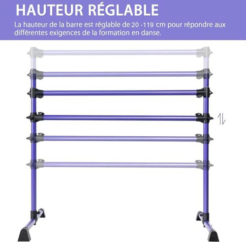 GOPLUS Barra de Ballet Clásica Doble de Altura Ajustable 7-112 cm y Extraíble, para Ballet, Gimnasia, Streching, Carga Máxima 50 kg, 123 x 71 x 119 cm (Morado)