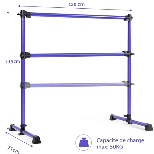 GOPLUS Barra de Ballet Clásica Doble de Altura Ajustable 7-112 cm y Extraíble, para Ballet, Gimnasia, Streching, Carga Máxima 50 kg, 123 x 71 x 119 cm (Morado)