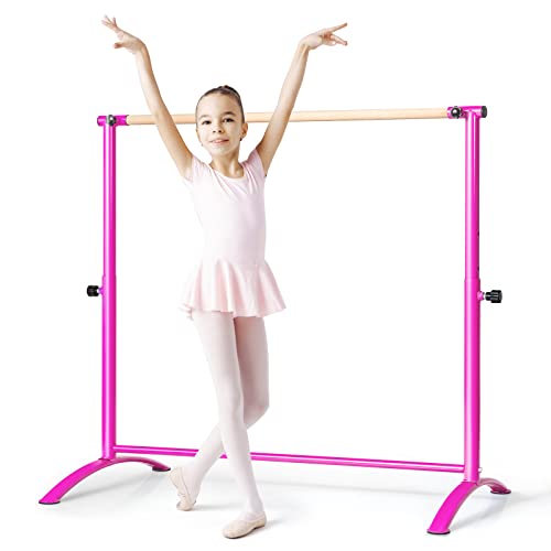 GOPLUS Barra de ballet independiente de madera maciza con marco de acero para casa y gimnasio, barra de baile antideslizante con 4 posiciones de altura ajustable para niños y adultos (rosa)