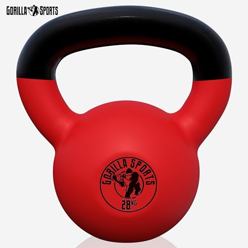 GORILLA SPORTS® Pesas Rusas - de Neopreno, 28kg, Hierro Fundido, Resistente al Agua, Color Rojo y Negro - Pesa Kettlebell, Equipo de Entrenamiento en Casa, Pesas de Entrenamiento de Fuerza, Culturismo