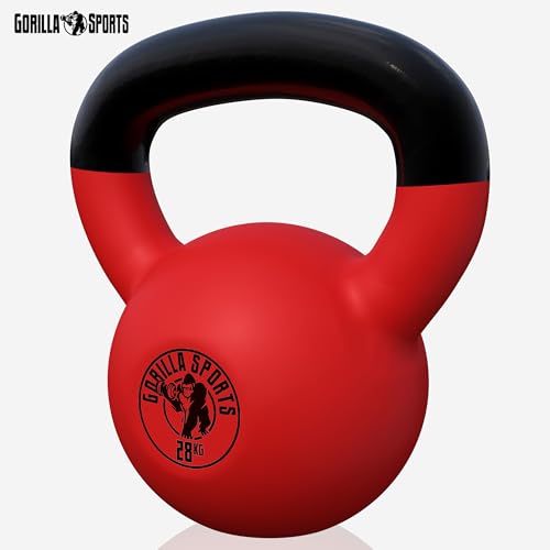 GORILLA SPORTS® Pesas Rusas - de Neopreno, 28kg, Hierro Fundido, Resistente al Agua, Color Rojo y Negro - Pesa Kettlebell, Equipo de Entrenamiento en Casa, Pesas de Entrenamiento de Fuerza, Culturismo