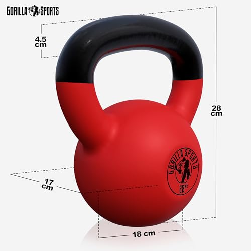 GORILLA SPORTS® Pesas Rusas - de Neopreno, 28kg, Hierro Fundido, Resistente al Agua, Color Rojo y Negro - Pesa Kettlebell, Equipo de Entrenamiento en Casa, Pesas de Entrenamiento de Fuerza, Culturismo