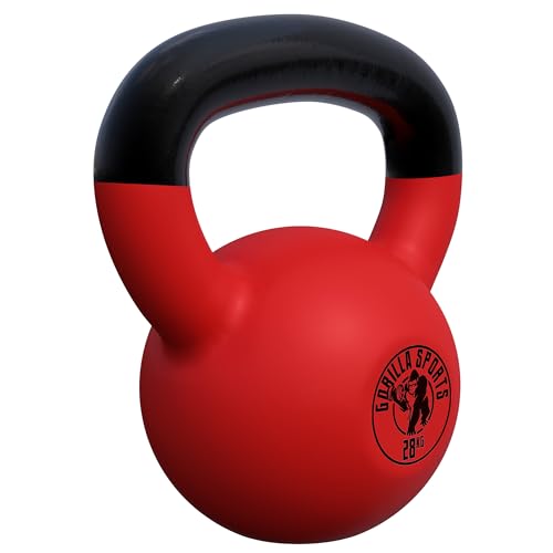 GORILLA SPORTS® Pesas Rusas - de Neopreno, 28kg, Hierro Fundido, Resistente al Agua, Color Rojo y Negro - Pesa Kettlebell, Equipo de Entrenamiento en Casa, Pesas de Entrenamiento de Fuerza, Culturismo