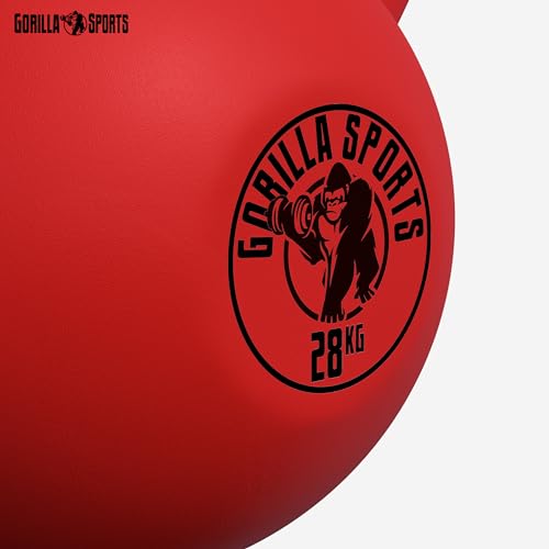 GORILLA SPORTS® Pesas Rusas - de Neopreno, 28kg, Hierro Fundido, Resistente al Agua, Color Rojo y Negro - Pesa Kettlebell, Equipo de Entrenamiento en Casa, Pesas de Entrenamiento de Fuerza, Culturismo