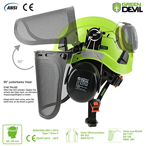 GREEN DEVIL Casco de Seguridad para Motosierra, protección Forestal, Casco de Seguridad con protección auditiva, Juego de Casco Resistente a los Impactos, cómodo ventilación