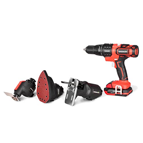 GREENCUT MH202-4 – Multiherramienta inalámbrica de 20V 4 en 1, multifunción de sierra de calado, lija, taladro perforador, atornillador y rascador, incluye batería de 2.0Ah y cargador, rojo