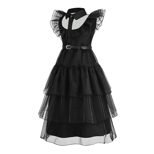 Gridamea Vestido de Miércoles Niñas-Disfraz Negro de Halloween para Niños con Cinturón de Decoración de Cintura para Fiesta Cumpleaños Cosplay