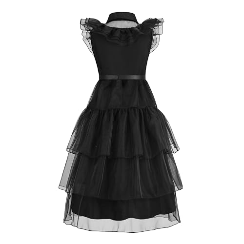 Gridamea Vestido de Miércoles Niñas-Disfraz Negro de Halloween para Niños con Cinturón de Decoración de Cintura para Fiesta Cumpleaños Cosplay