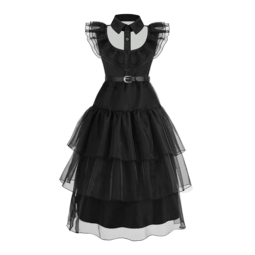 Gridamea Vestido de Miércoles Niñas-Disfraz Negro de Halloween para Niños con Cinturón de Decoración de Cintura para Fiesta Cumpleaños Cosplay